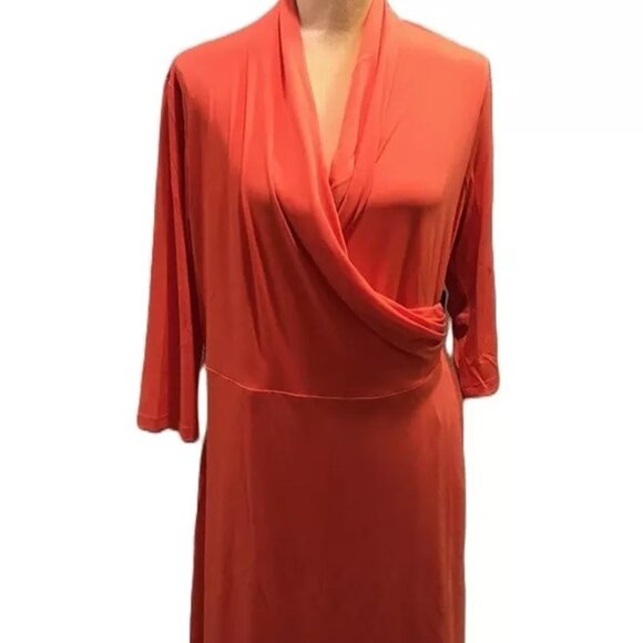 Badgley Mischka Coral Sexy V-Neck Wrap Stretch Cocktail Dress Sm, Lg, 1X, 2X - Picture 2 of 5